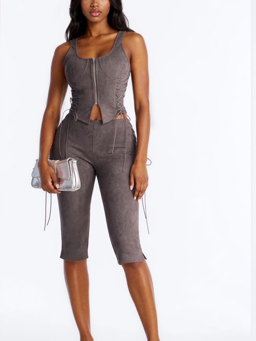 Women's Gray Suede Corset Jumpsuit Pants Set